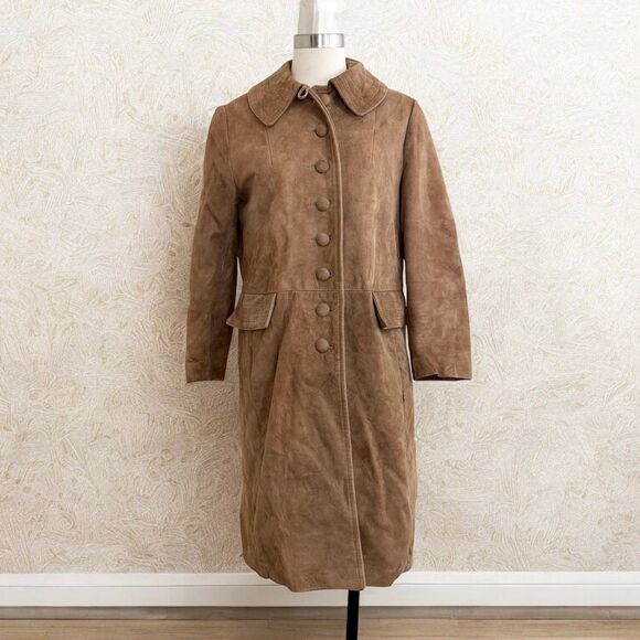Vintage Suede Brown Leather Coat Long Trench Large Penny Lane - Picture 1 of 6